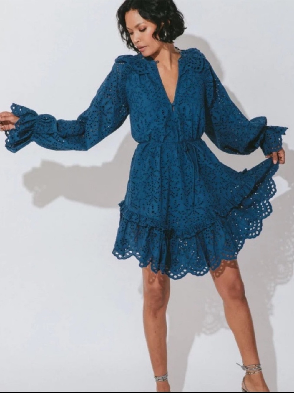 Cleobella Fiona Long Sleeve Mini Dress Lapis Blue Eyelet Lace Size Small